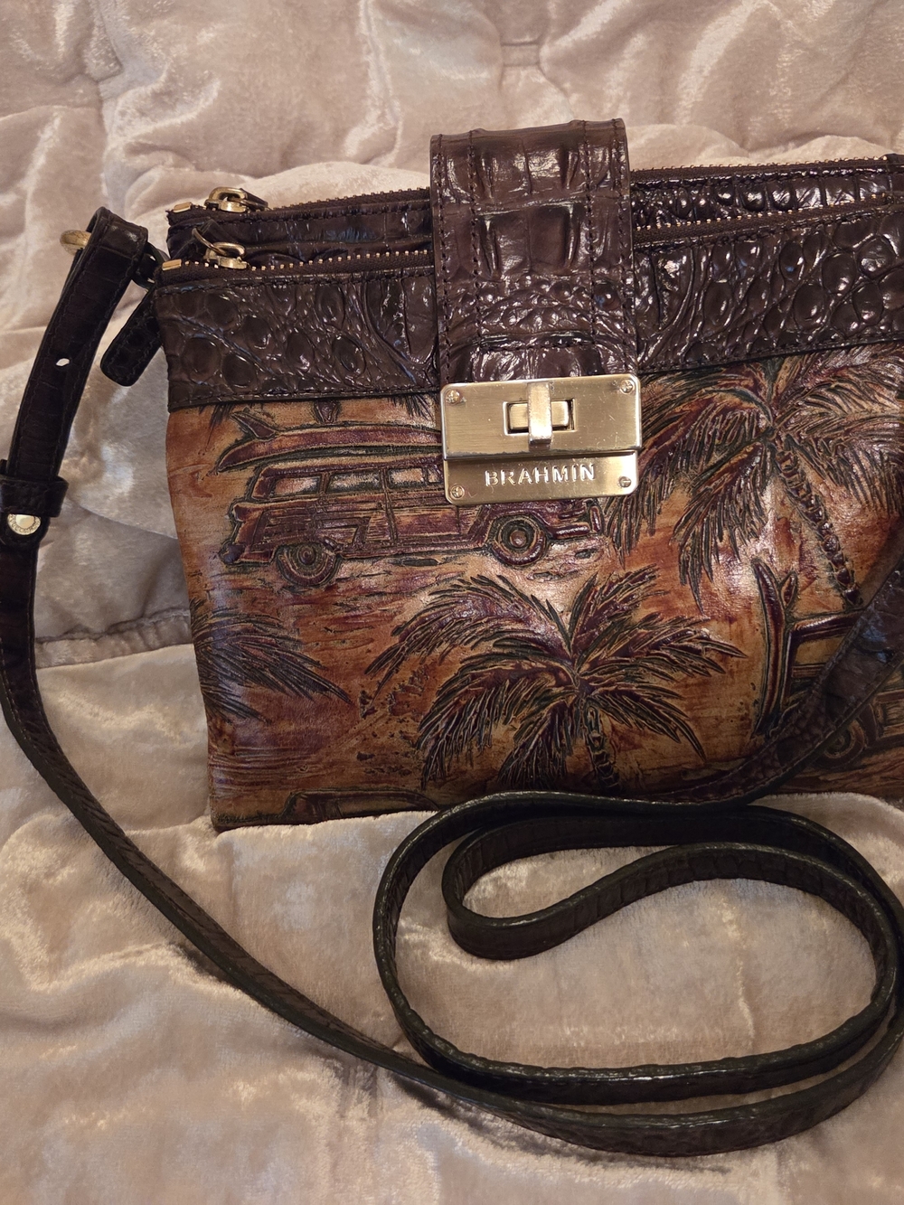 Brahmin Brown Multicolor Palm-Print Leather Crossbody with Gold Hardware